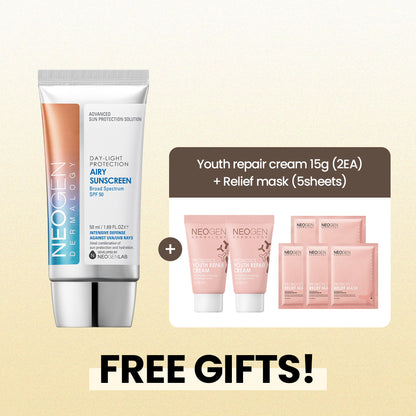 DAY LIGHT PROTECTION AIRY SUNSCREEN (50ml) & YOUTH REPAIR CREAM (15g)X2ea + Face Masks