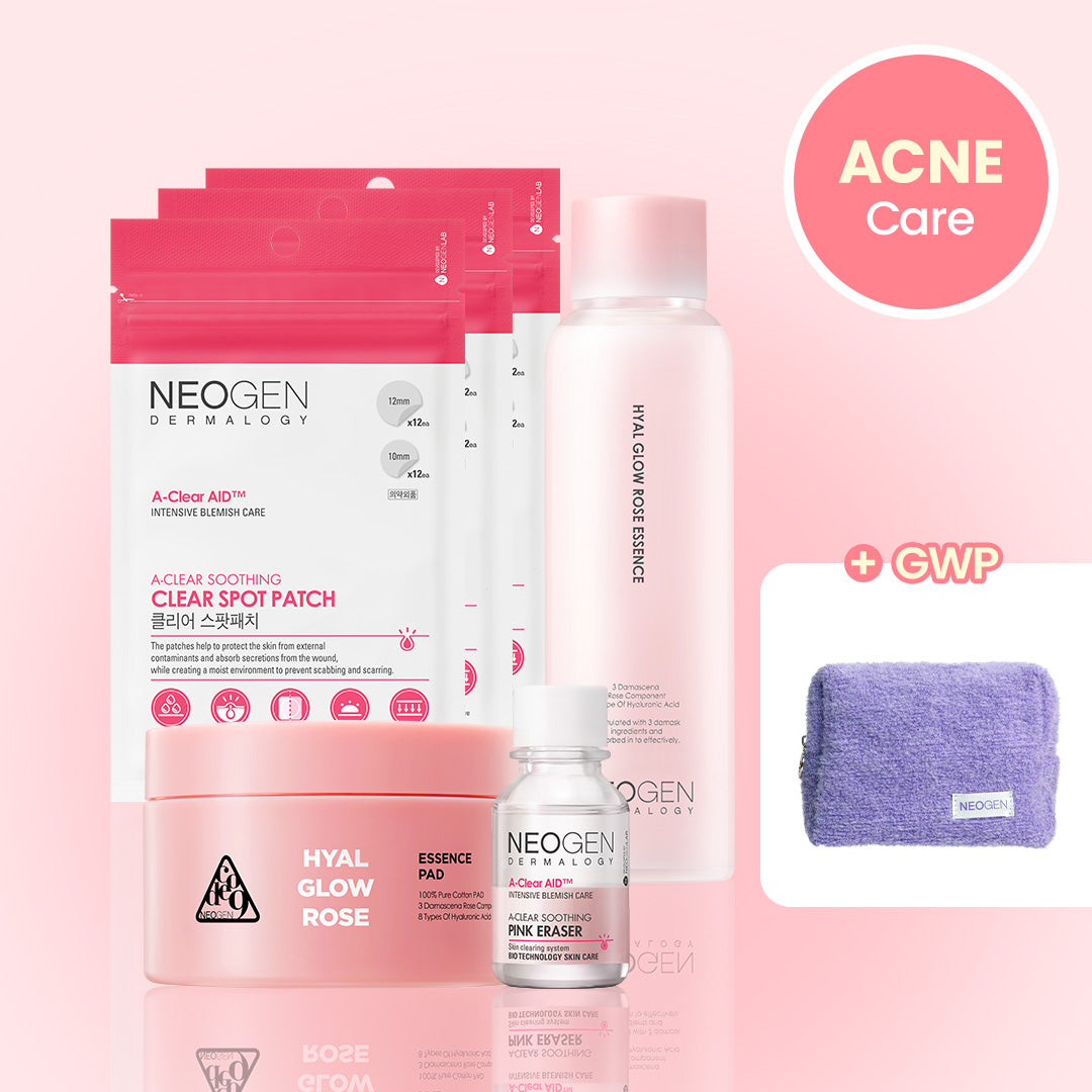 [ACNE CARE- Full Routine] Rose essence + Rose essence pads + Pink Eraser + Acne patches (3 PACKS) with FREE Neogen Pouch