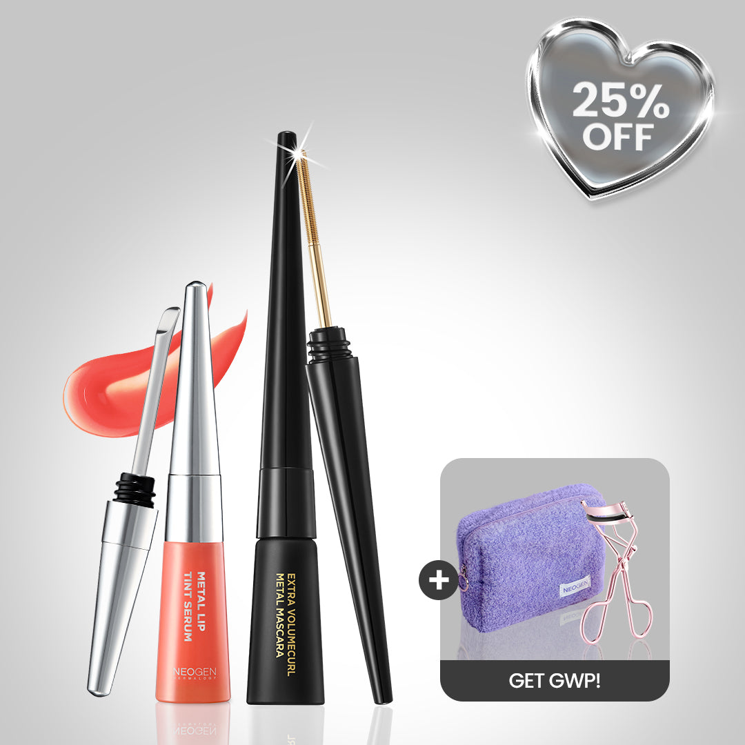 Metal Glow Lip (Muted Coral + Metal Mascara (Black) 25% OFF + FREE Lash Curler & Neogen Purple Pouch