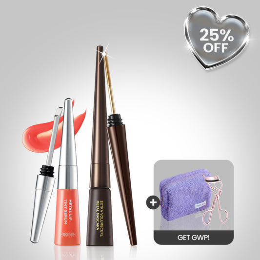Metal Glow Lip (Muted Coral) + Metal Mascara (Brown) 25% OFF + FREE Lash Curler & Neogen Purple Pouch