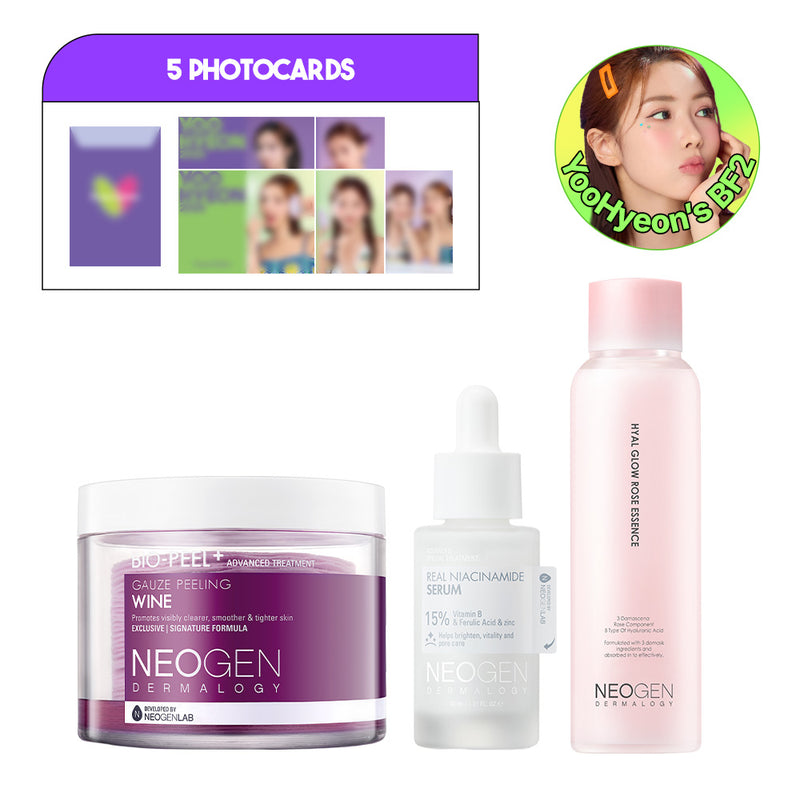 YooHyeon's Best Friend Set with Photocards +5  (Real Niacinamide 15% Serum, Bio-Peel Gauze Peeling Wine ,Hyal Glow Rose Essence)